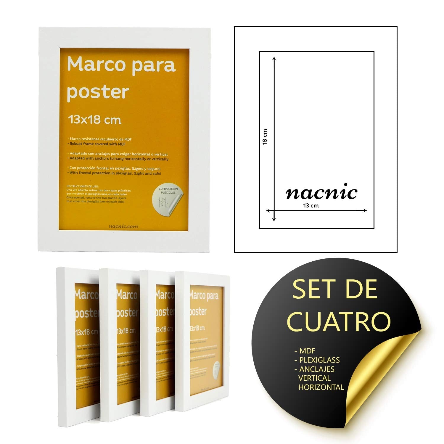 Set de 4 Marcos blancos para fotos, posters, láminas, diplomas. Tamaño –  Nacnic Estudio SL