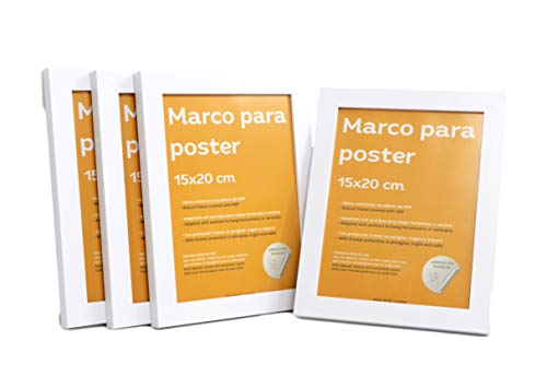 Set de 4 Marcos blancos para fotos, posters, láminas, diplomas. Tamaño(15x20 cm).Robustos de MDF y frontal de plexiglas.Marcos blancos para colgar de alta calidad.-Nacnic-Nacnic Estudio SL