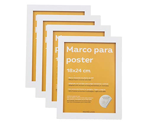 Set de 4 Marcos blancos para fotos, posters, láminas, diplomas. Tamaño(18x24 cm).Robustos de MDF y frontal de plexiglas.Marcos blancos para colgar de alta calidad.-Nacnic-Nacnic Estudio SL