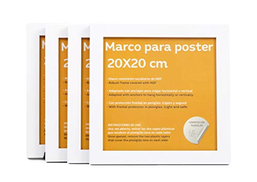 Set de 4 Marcos blancos para fotos, posters, láminas, diplomas. Tamaño(20x20 cm).Robustos de MDF y frontal de plexiglas.Marcos blancos para colgar de alta calidad.-Nacnic-Nacnic Estudio SL