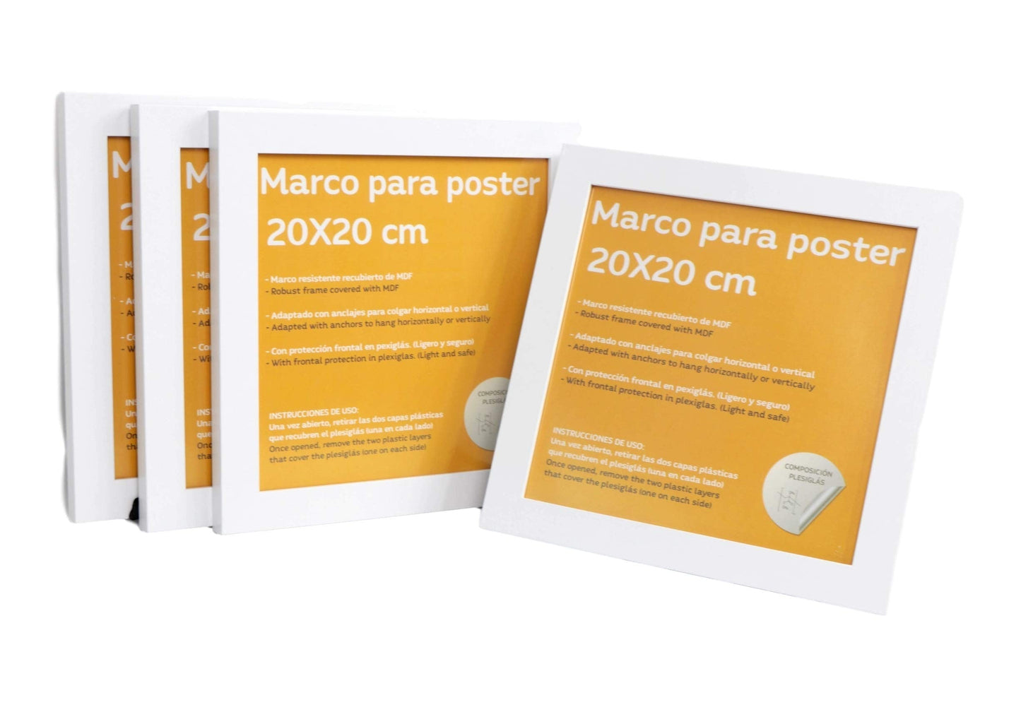 Set de 4 Marcos blancos para fotos, posters, láminas, diplomas. Tamaño(20x20 cm).Robustos de MDF y frontal de plexiglas.Marcos blancos para colgar de alta calidad.-Nacnic-Nacnic Estudio SL