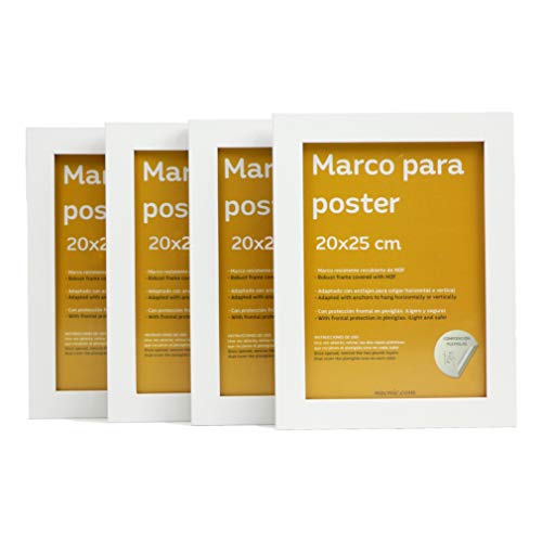 Set de 4 Marcos blancos para fotos, posters, láminas, diplomas. Tamaño(20x25 cm).Robustos de MDF y frontal de plexiglas.Marcos blancos para colgar de alta calidad.-Nacnic-Nacnic Estudio SL