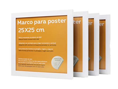 Set de 4 Marcos blancos para fotos, posters, láminas, diplomas. Tamaño(25x25 cm).Robustos de MDF y frontal de plexiglas.Marcos blancos para colgar de alta calidad.-Nacnic-Nacnic Estudio SL