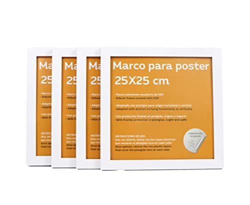 Set de 4 Marcos blancos para fotos, posters, láminas, diplomas. Tamaño(25x25 cm).Robustos de MDF y frontal de plexiglas.Marcos blancos para colgar de alta calidad.-Nacnic-Nacnic Estudio SL