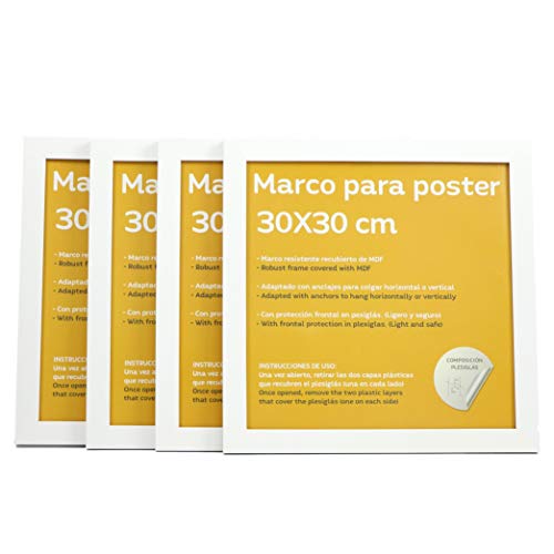 Set de 4 Marcos blancos para fotos, posters, láminas, diplomas. Tamaño(30x30 cm).Robustos de MDF y frontal de plexiglas.Marcos blancos para colgar de alta calidad.-Nacnic-Nacnic Estudio SL