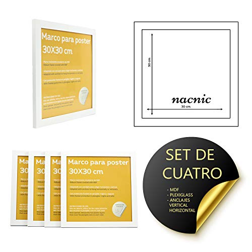 Set de 4 Marcos blancos para fotos, posters, láminas, diplomas. Tamaño(30x30 cm).Robustos de MDF y frontal de plexiglas.Marcos blancos para colgar de alta calidad.-Nacnic-Nacnic Estudio SL