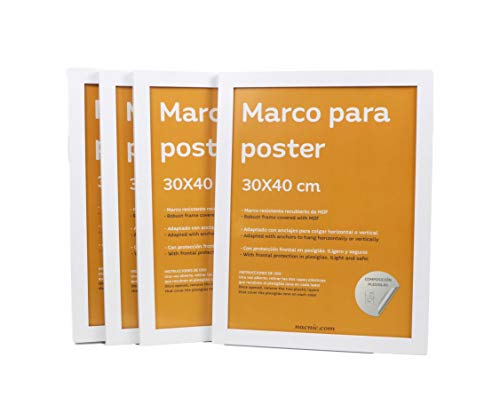 Set de 4 Marcos blancos para fotos, posters, láminas, diplomas. Tamaño(30x40 cm). Robustos de MDF y frontal de plexiglas. Marcos blancos para colgar de alta calidad.-Nacnic-Nacnic Estudio SL