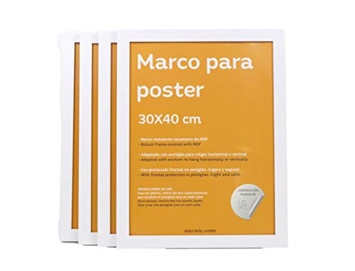 Set de 4 Marcos blancos para fotos, posters, láminas, diplomas. Tamaño(30x40 cm). Robustos de MDF y frontal de plexiglas. Marcos blancos para colgar de alta calidad.-Nacnic-Nacnic Estudio SL