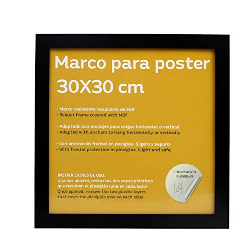 Set de 4 Marcos negros para fotos, posters, láminas, diplomas. Tamaño(30x30 cm).Robustos de MDF y frontal de plexiglas.Marcos negros para colgar de alta calidad.-Nacnic-Nacnic Estudio SL