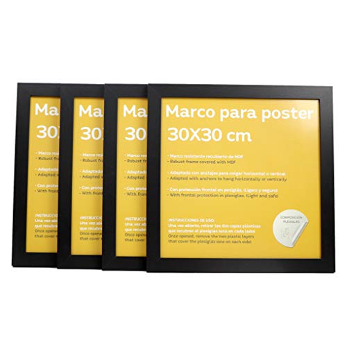 Set de 4 Marcos negros para fotos, posters, láminas, diplomas. Tamaño(30x30 cm).Robustos de MDF y frontal de plexiglas.Marcos negros para colgar de alta calidad.-Nacnic-Nacnic Estudio SL