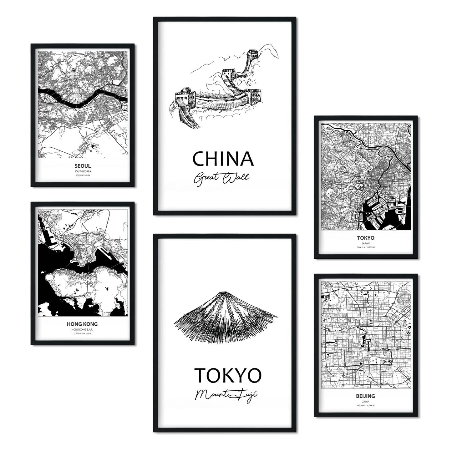 Set de 6 láminas de Asia del Este. Pósters con ilustraciones en estilo nórdico de mapas y monumentos para tu hogar, negocio, oficina. Tamaños A4 y A3. .-Artwork-Nacnic-Nacnic Estudio SL