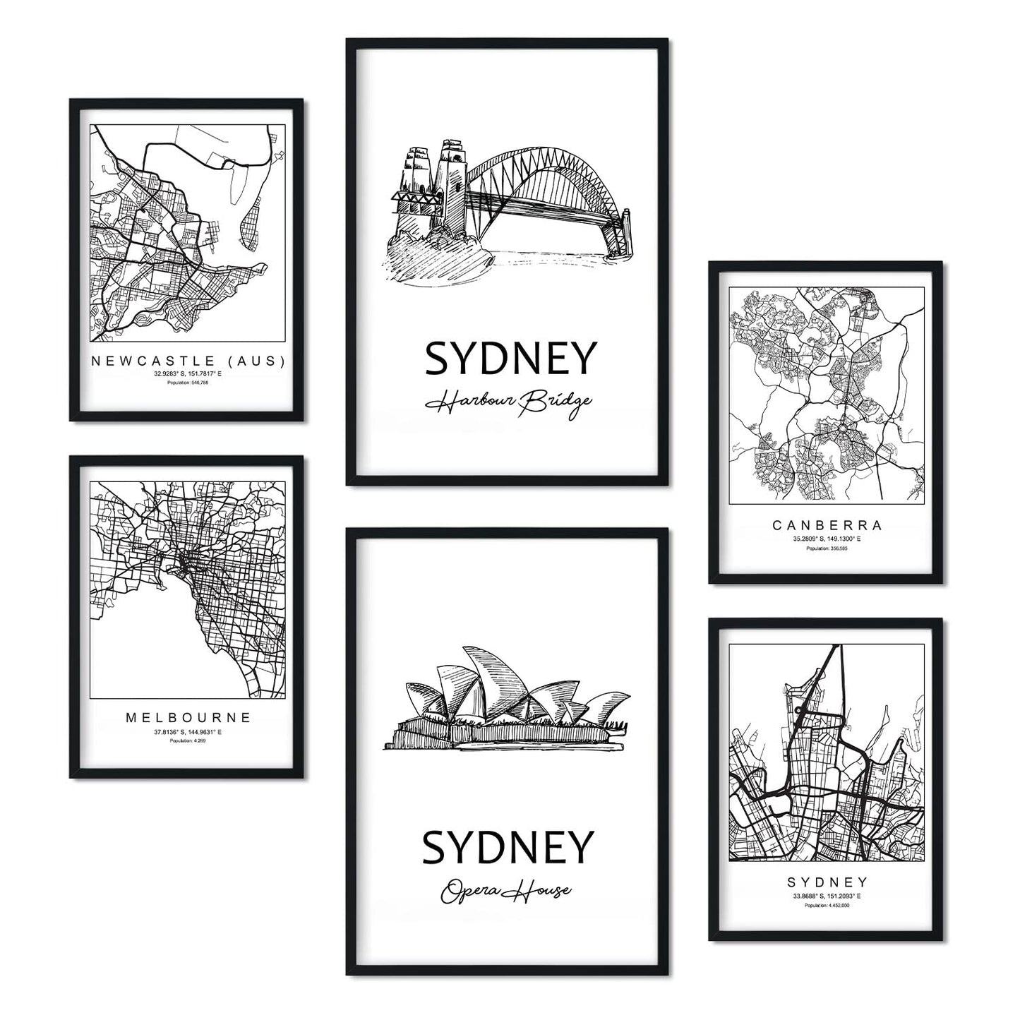 Set de 6 láminas de Australia. Pósters con ilustraciones en estilo nórdico de mapas y monumentos para tu hogar, negocio, oficina. Tamaños A4 y A3. .-Artwork-Nacnic-Nacnic Estudio SL