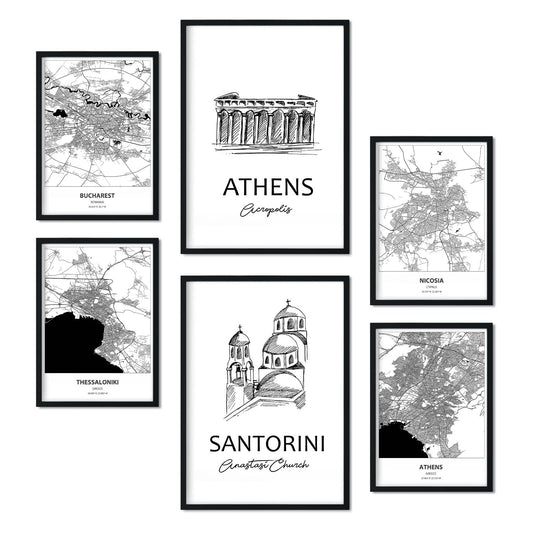 Set de 6 láminas de Europa. Pósters con ilustraciones en estilo nórdico de mapas y monumentos para tu hogar, negocio, oficina. Tamaños A4 y A3. .-Artwork-Nacnic-Nacnic Estudio SL