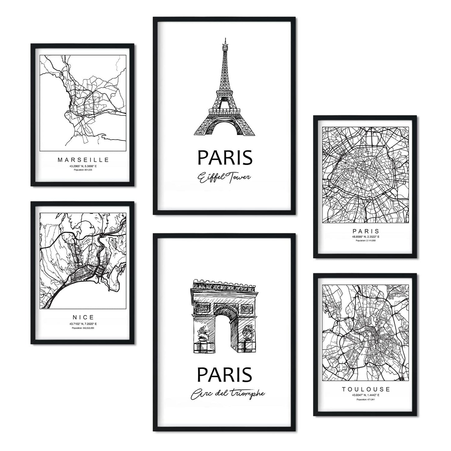 Set de 6 láminas de Francia. Pósters con ilustraciones en estilo nórdico de mapas y monumentos para tu hogar, negocio, oficina. Tamaños A4 y A3. .-Artwork-Nacnic-Nacnic Estudio SL