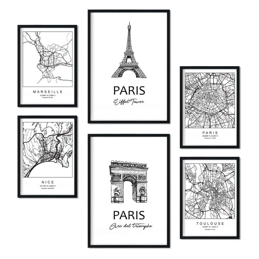 Set de 6 láminas de Francia. Pósters con ilustraciones en estilo nórdico de mapas y monumentos para tu hogar, negocio, oficina. Tamaños A4 y A3. .-Artwork-Nacnic-Nacnic Estudio SL