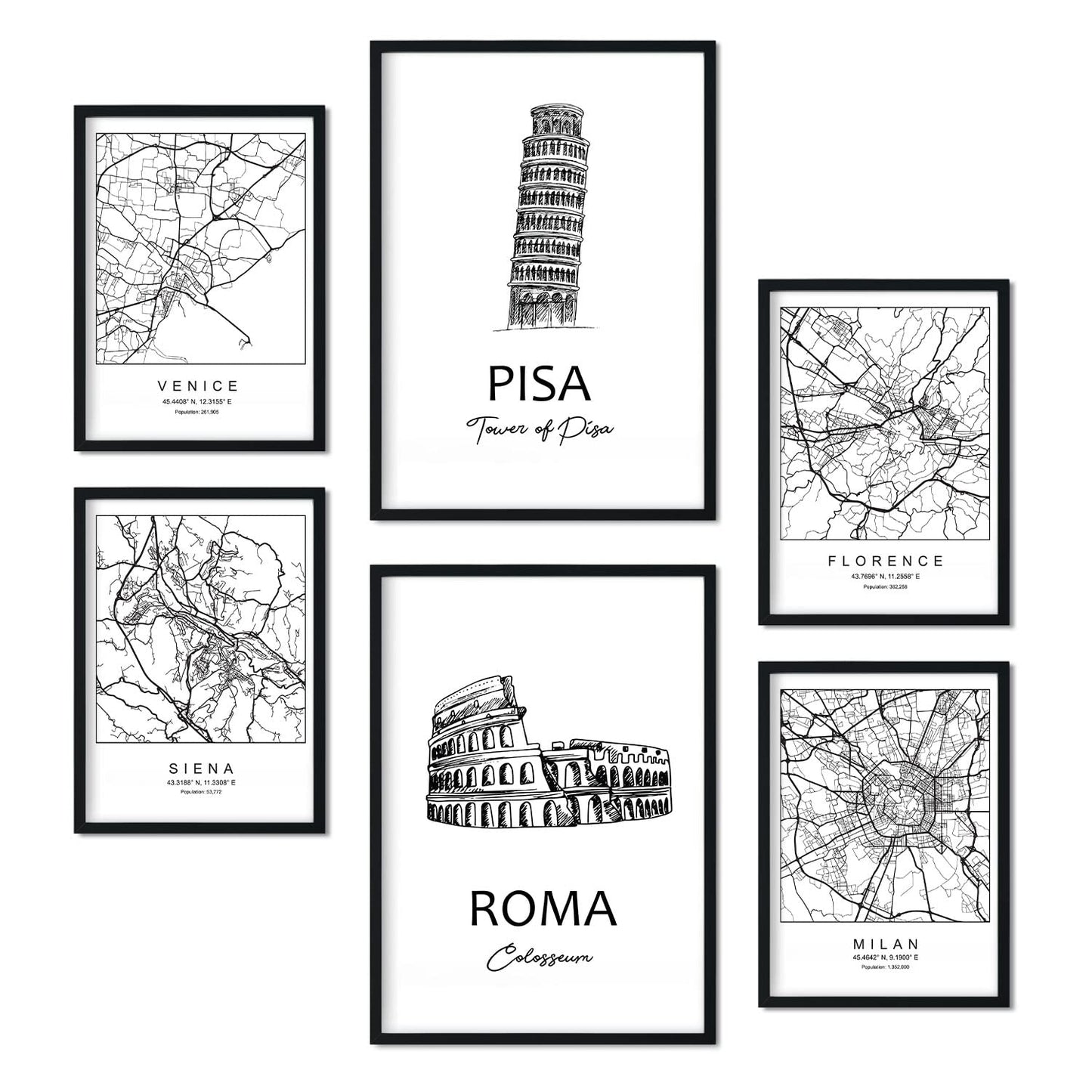 Set de 6 láminas de Italia. Pósters con ilustraciones en estilo nórdico de mapas y monumentos para tu hogar, negocio, oficina. Tamaños A4 y A3. .-Artwork-Nacnic-Nacnic Estudio SL