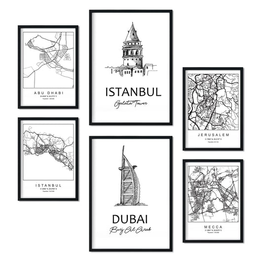 Set de 6 láminas de Oriente Medio. Pósters con ilustraciones en estilo nórdico de mapas y monumentos para tu hogar, negocio, oficina. Tamaños A4 y A3. .-Artwork-Nacnic-Nacnic Estudio SL