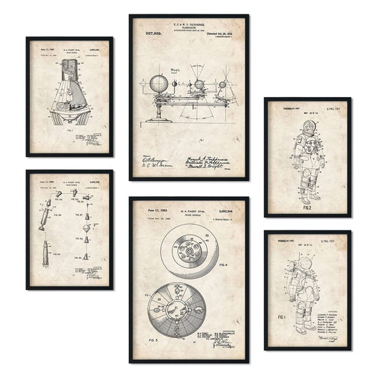 Set de 6 láminas de patentes Astronauta. Pósters con dibujos retro de inventos antiguos para tu hogar. Tamaños A4 y A3. .-Artwork-Nacnic-Nacnic Estudio SL