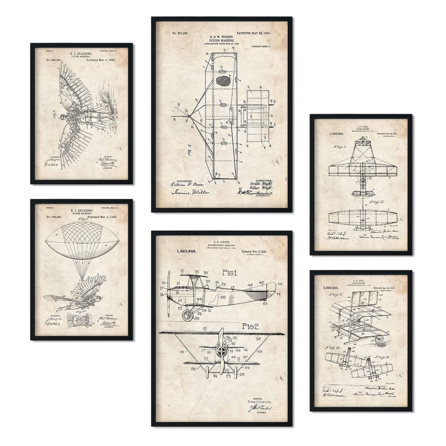 Set de 6 láminas de patentes Avión. Pósters con dibujos retro de inventos antiguos para tu hogar. Tamaños A4 y A3. .-Artwork-Nacnic-Nacnic Estudio SL