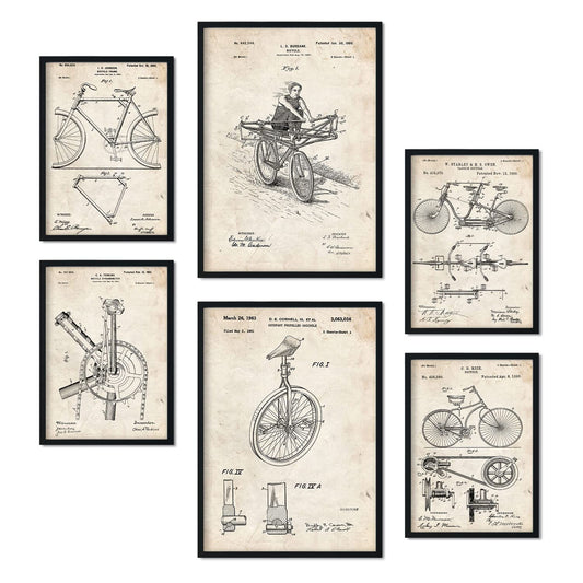 Set de 6 láminas de patentes Bicicleta. Pósters con dibujos retro de inventos antiguos para tu hogar. Tamaños A4 y A3. .-Artwork-Nacnic-Nacnic Estudio SL