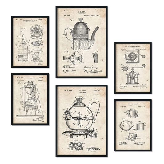 Set de 6 láminas de patentes Cafetera. Pósters con dibujos retro de inventos antiguos para tu hogar. Tamaños A4 y A3. .-Artwork-Nacnic-Nacnic Estudio SL