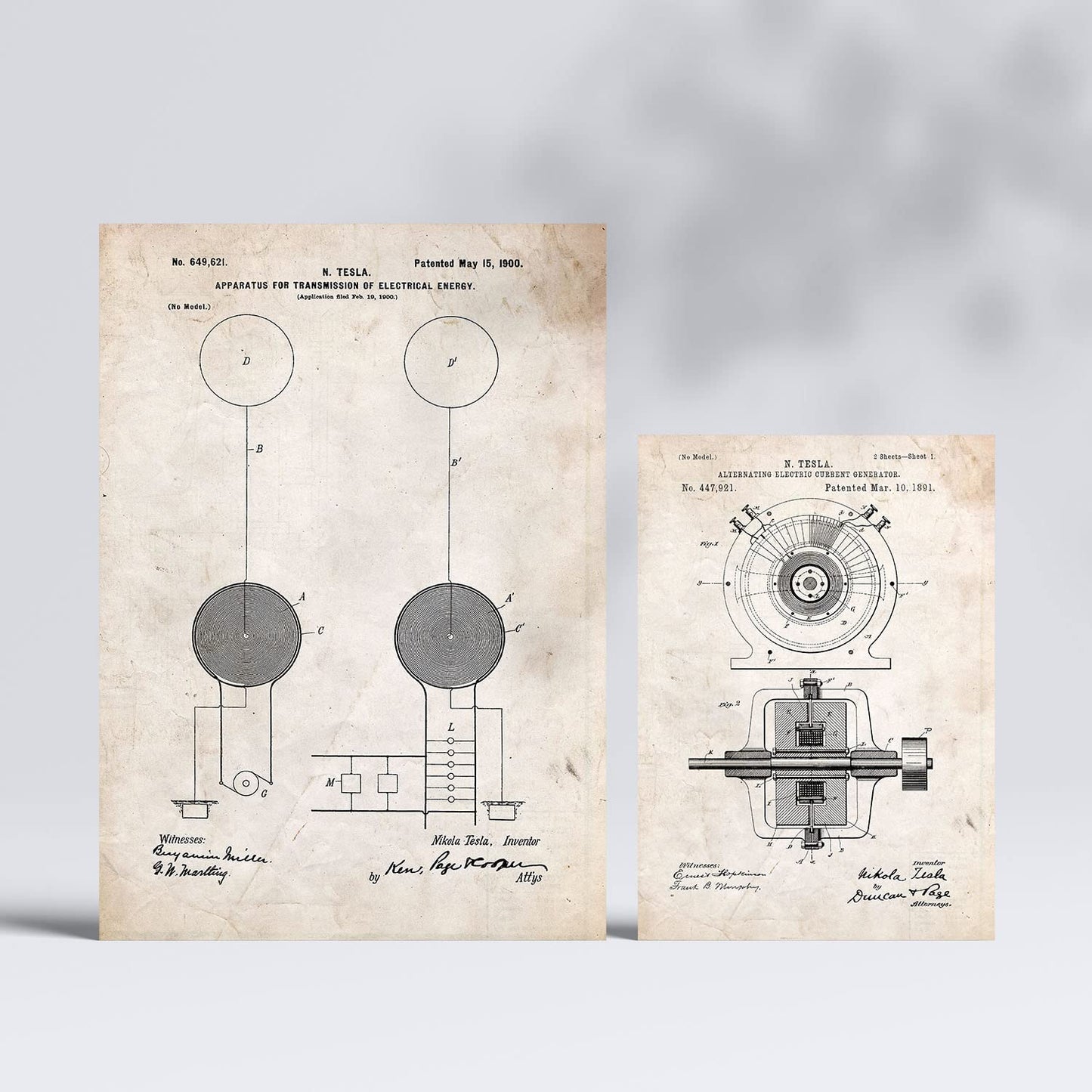 Set de 6 láminas de patentes Electricidad 1. Pósters con dibujos retro de inventos antiguos. Tamaños A4 y A3. .-Artwork-Nacnic-Nacnic Estudio SL