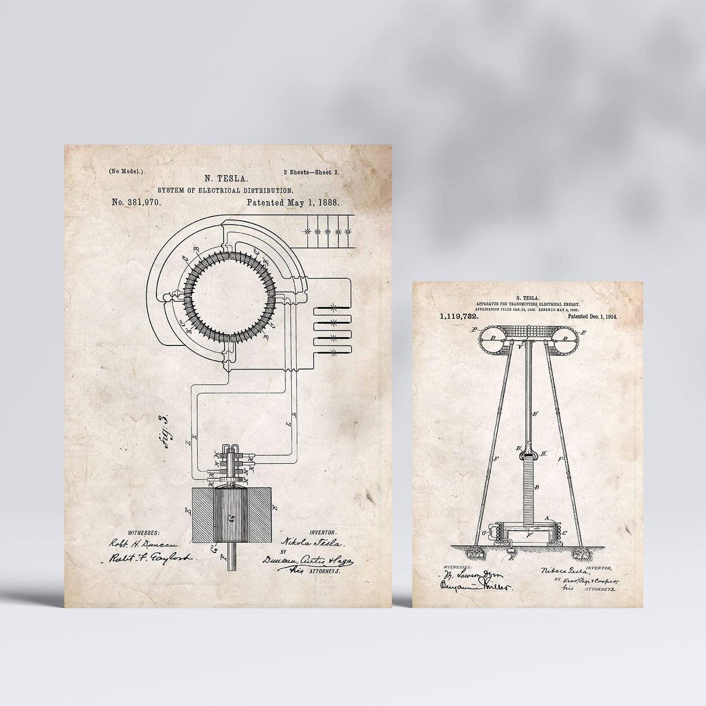 Set de 6 láminas de patentes Electricidad 2. Pósters con dibujos retro de inventos antiguos. Tamaños A4 y A3. .-Artwork-Nacnic-Nacnic Estudio SL