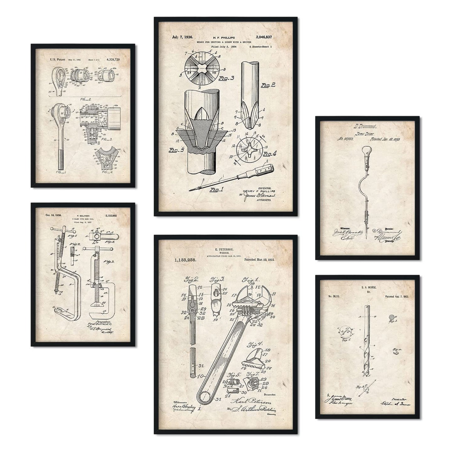 Set de 6 láminas de patentes Herramientas de construcción 1. Pósters con dibujos retro de inventos antiguos para tu hogar. Tamaños A4 y A3. .-Artwork-Nacnic-Nacnic Estudio SL