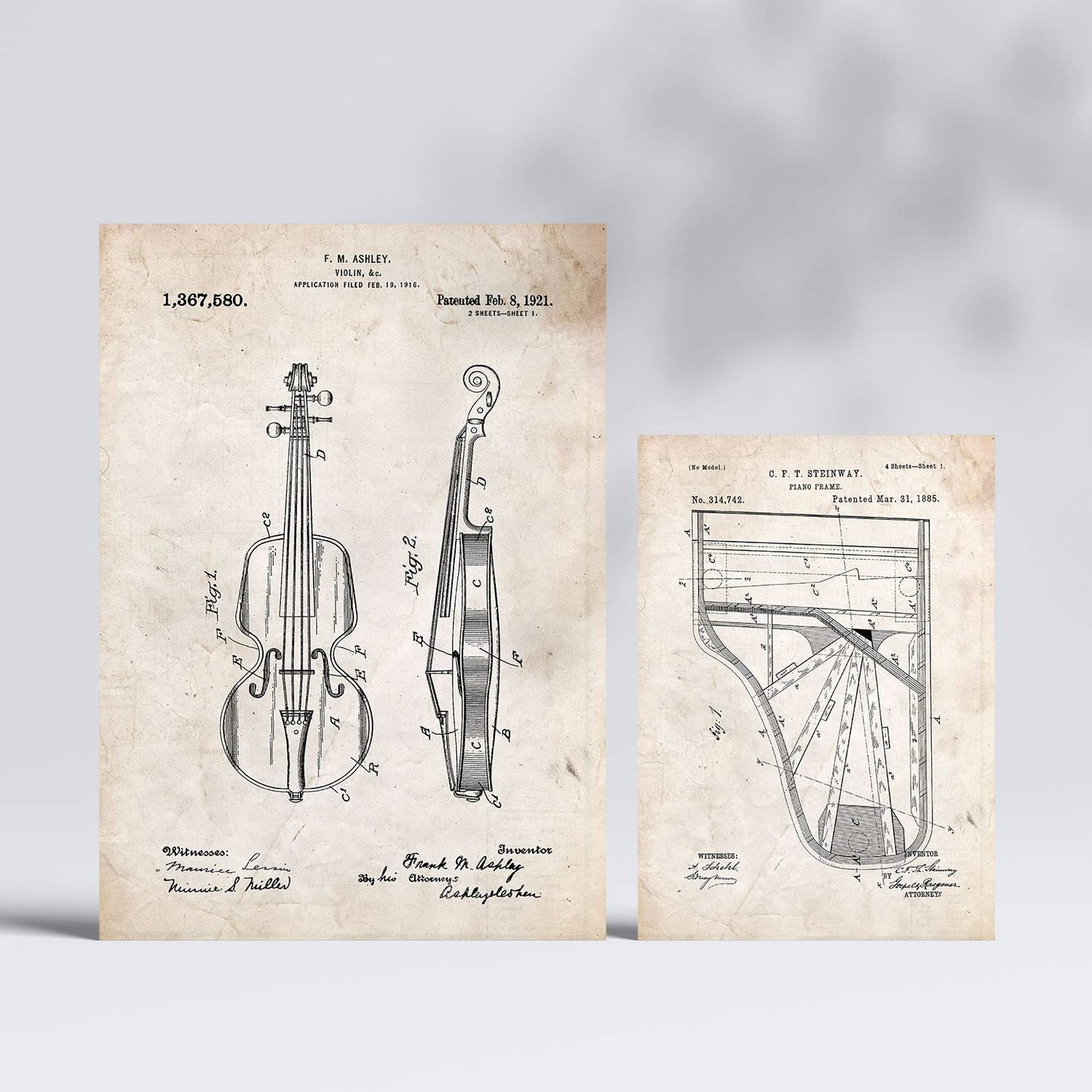 Set de 6 láminas de patentes Instrumentos de cuerda. Pósters con dibujos retro de inventos antiguos. Tamaños A4 y A3. .-Artwork-Nacnic-Nacnic Estudio SL