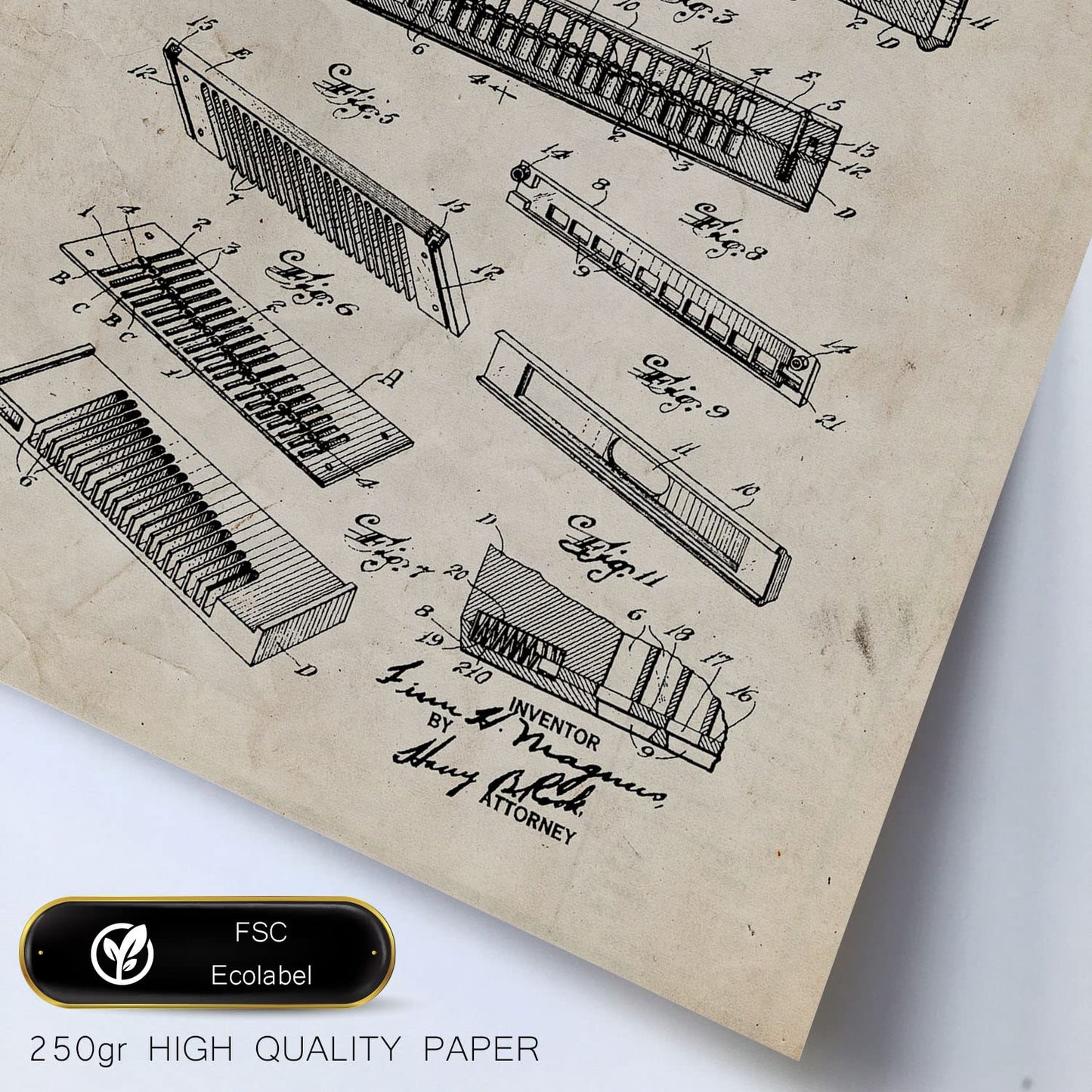 Set de 6 láminas de patentes Instrumentos de viento. Pósters con dibujos retro de inventos antiguos para tu hogar. Tamaños A4 y A3. .-Artwork-Nacnic-Nacnic Estudio SL