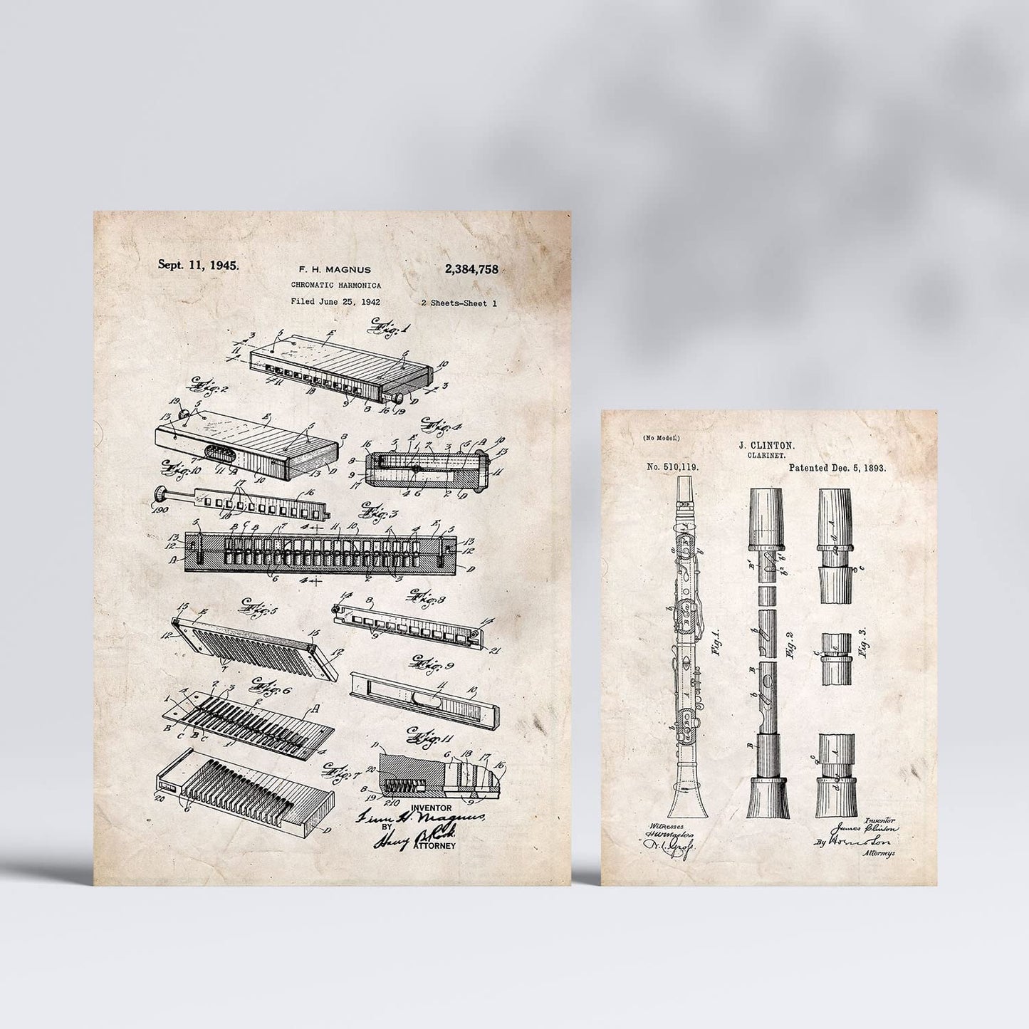 Set de 6 láminas de patentes Instrumentos de viento. Pósters con dibujos retro de inventos antiguos para tu hogar. Tamaños A4 y A3. .-Artwork-Nacnic-Nacnic Estudio SL