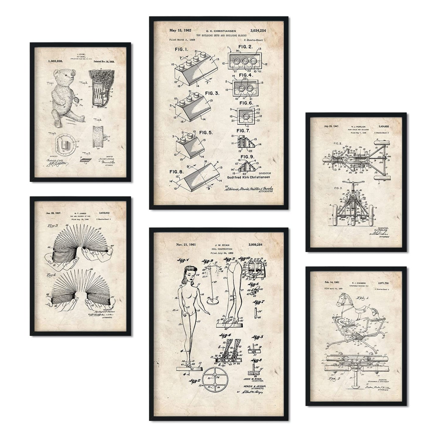 Set de 6 láminas de patentes Juguetes. Pósters con dibujos retro de inventos antiguos. Tamaños A4 y A3. .-Artwork-Nacnic-Nacnic Estudio SL