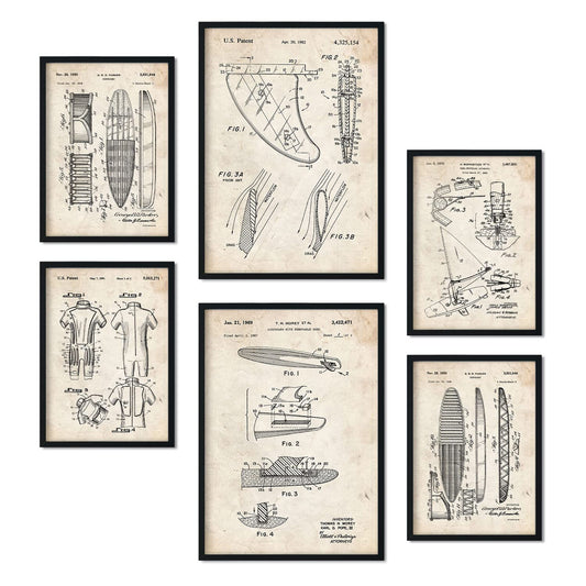 Set de 6 láminas de patentes Surf. Pósters con dibujos retro de inventos antiguos. Tamaños A4 y A3. .-Artwork-Nacnic-Nacnic Estudio SL