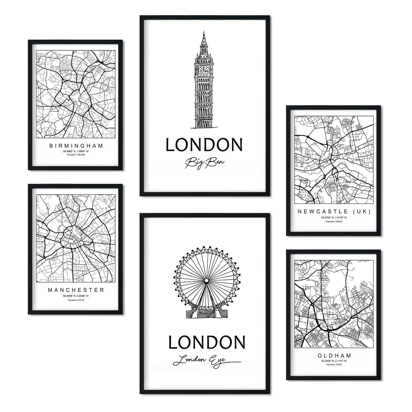 Set de 6 láminas de Reino Unido 2. Pósters con ilustraciones en estilo nórdico de mapas y monumentos para tu hogar, negocio, oficina. Tamaños A4 y A3. .-Artwork-Nacnic-Nacnic Estudio SL