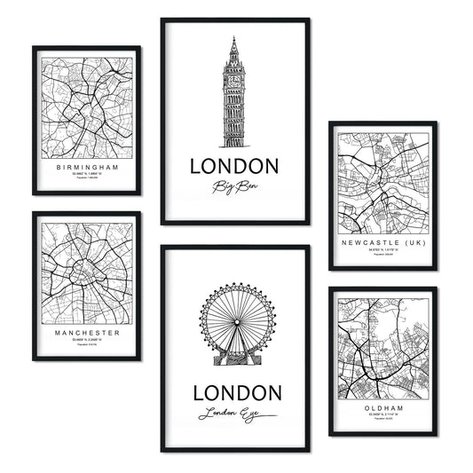 Set de 6 láminas de Reino Unido 2. Pósters con ilustraciones en estilo nórdico de mapas y monumentos para tu hogar, negocio, oficina. Tamaños A4 y A3. .-Artwork-Nacnic-Nacnic Estudio SL