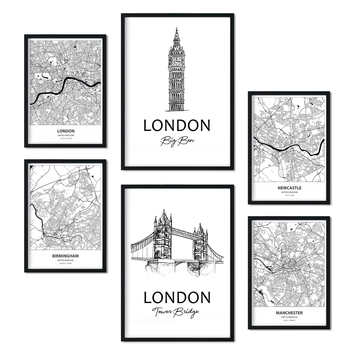 Set de 6 láminas de Reino Unido. Pósters con ilustraciones en estilo nórdico de mapas y monumentos para tu hogar, negocio, oficina. Tamaños A4 y A3. .-Artwork-Nacnic-Nacnic Estudio SL