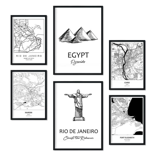 Set de 6 láminas de Sudáfrica. Pósters con ilustraciones en estilo nórdico de mapas y monumentos para tu hogar, negocio, oficina. Tamaños A4 y A3. .-Artwork-Nacnic-Nacnic Estudio SL