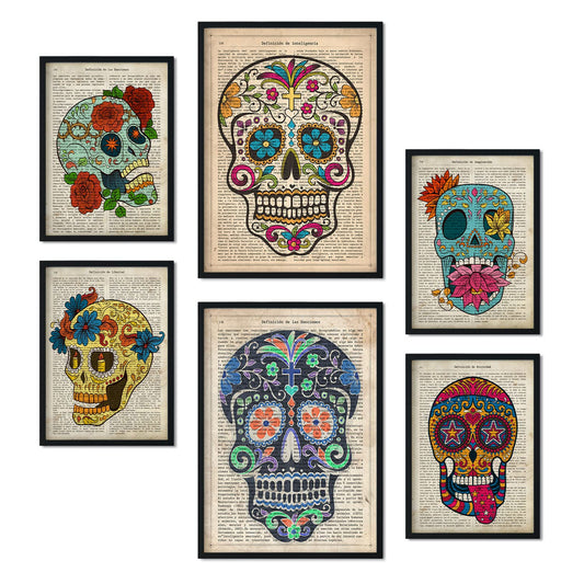 Set de 6 posters de Calaveras vintage. Colección de láminas con estética collage para la Tamaños A3 y A4. .-Artwork-Nacnic-Nacnic Estudio SL