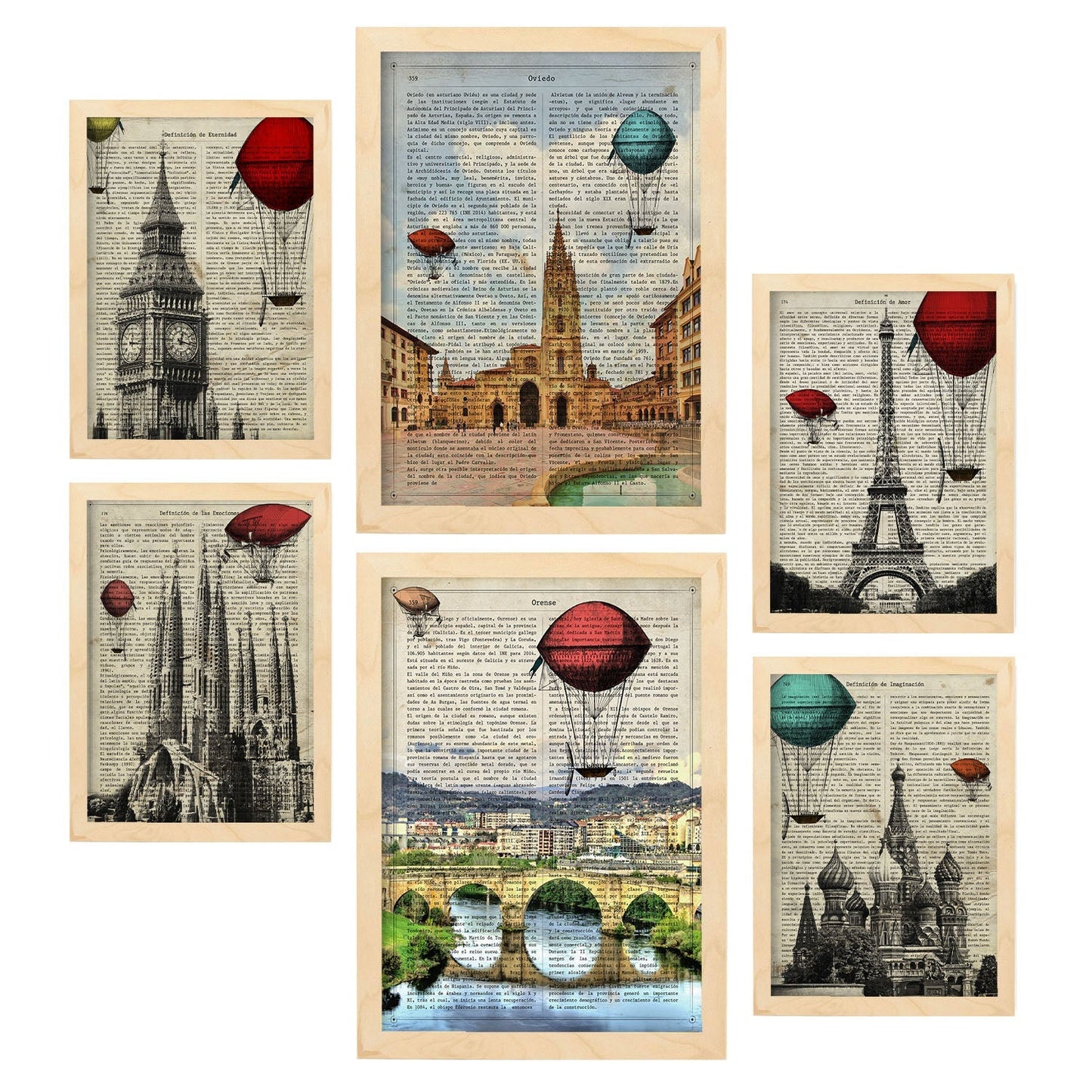 Set de 6 posters de Ciudades vintage. Colección de láminas con estética collage para la Tamaños A3 y A4. .-Artwork-Nacnic-Marco Madera clara-Nacnic Estudio SL