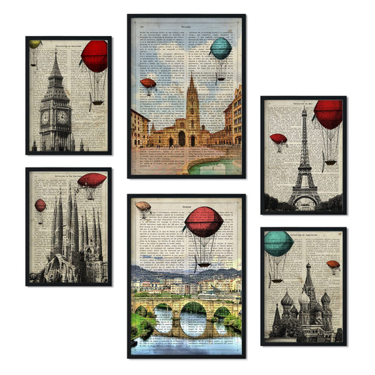 Set de 6 posters de Ciudades vintage. Colección de láminas con estética collage para la Tamaños A3 y A4. .-Artwork-Nacnic-Nacnic Estudio SL