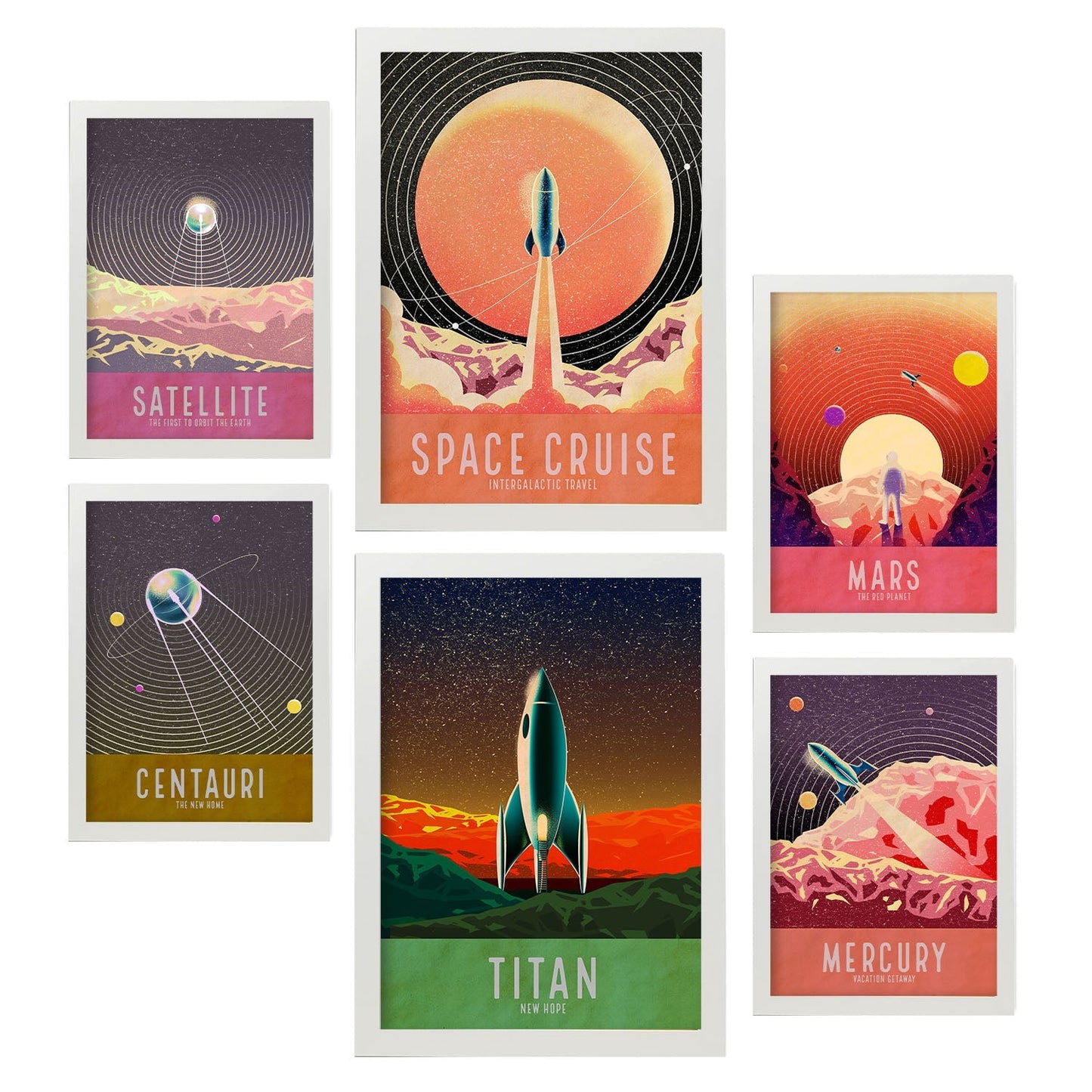 Set de 6 posters de Espacio. Colección de láminas con estética collage para la Tamaños A3 y A4. .-Artwork-Nacnic-Marco Blanco-Nacnic Estudio SL