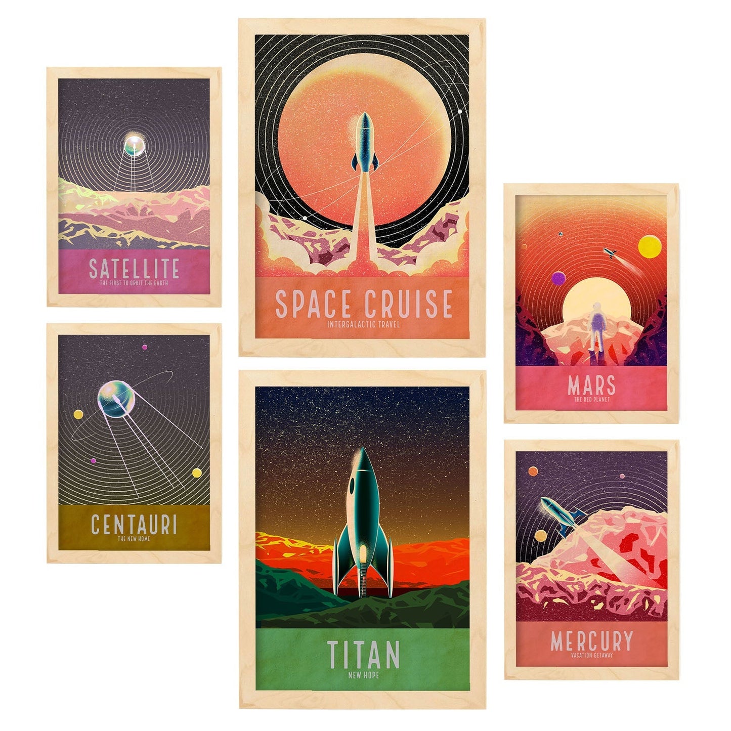 Set de 6 posters de Espacio. Colección de láminas con estética collage para la Tamaños A3 y A4. .-Artwork-Nacnic-Marco Madera clara-Nacnic Estudio SL