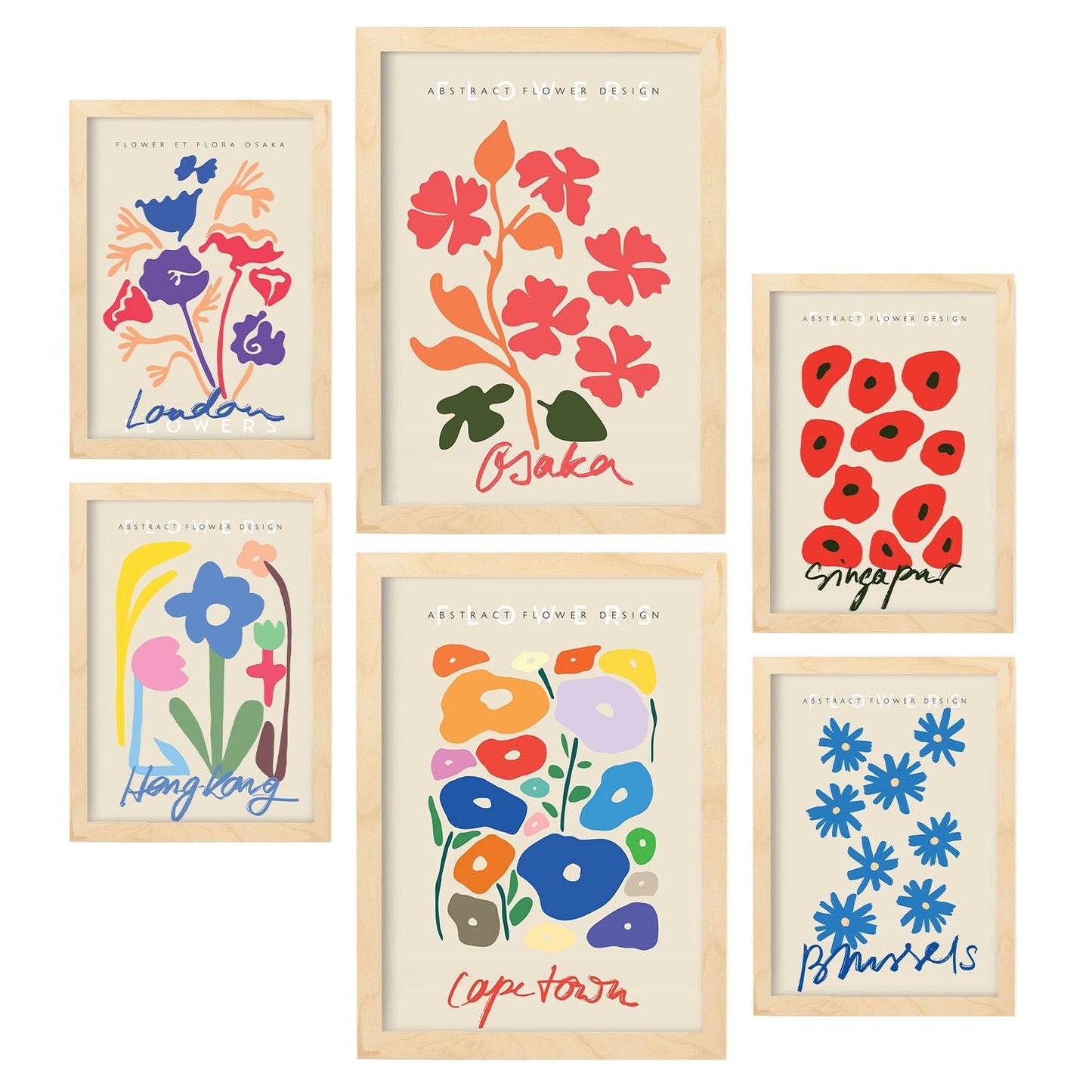 Set de 6 posters de Floral. Colección de láminas con estética collage para la Tamaños A3 y A4. .-Artwork-Nacnic-Marco Madera clara-Nacnic Estudio SL