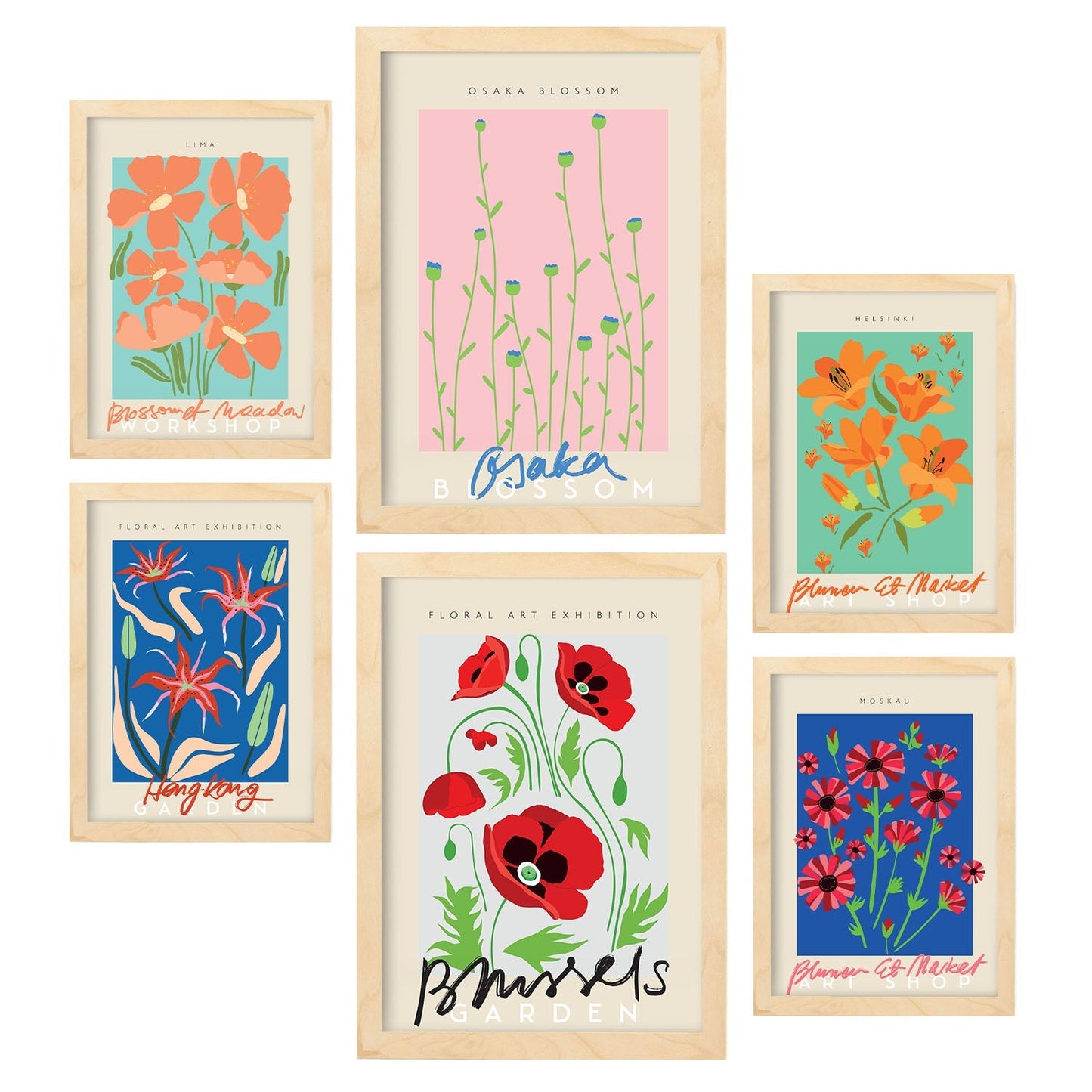 Set de 6 pósters de Flores de primavera. Colección de láminas con estética collage para la Tamaños A3 y A4. .-Artwork-Nacnic-Marco Madera clara-Nacnic Estudio SL