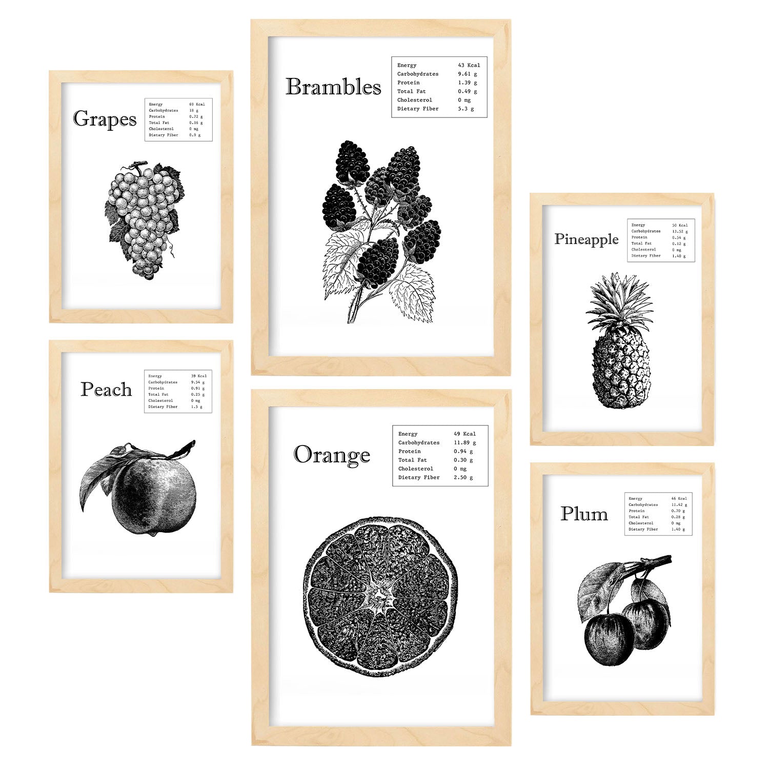 Set de 6 pósters de Frutas. Colección de láminas con estética collage para la Tamaños A3 y A4. .-Artwork-Nacnic-Marco Madera clara-Nacnic Estudio SL