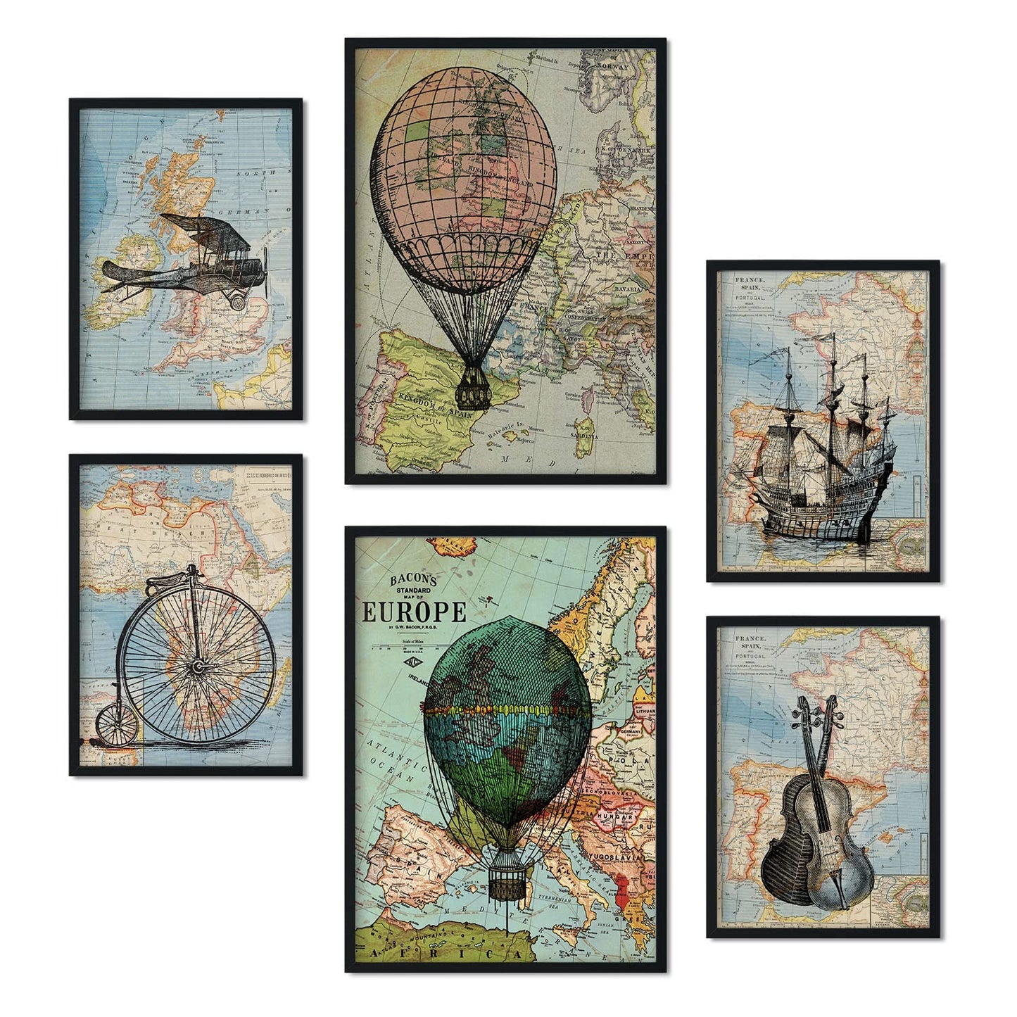 Set de 6 posters de Mapas vintage. Colección de láminas con estética collage para la Tamaños A3 y A4. .-Artwork-Nacnic-Nacnic Estudio SL