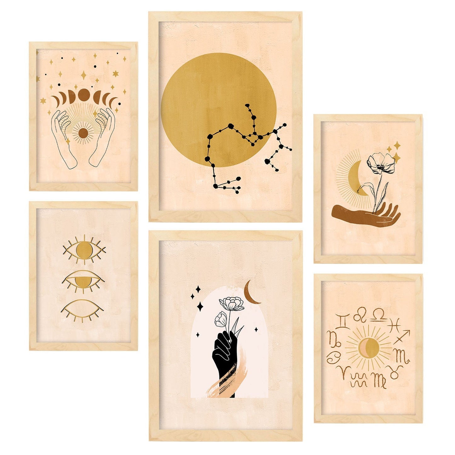 Set de 6 posters de Místico. Colección de láminas con estética collage para la Tamaños A3 y A4. .-Artwork-Nacnic-Marco Madera clara-Nacnic Estudio SL