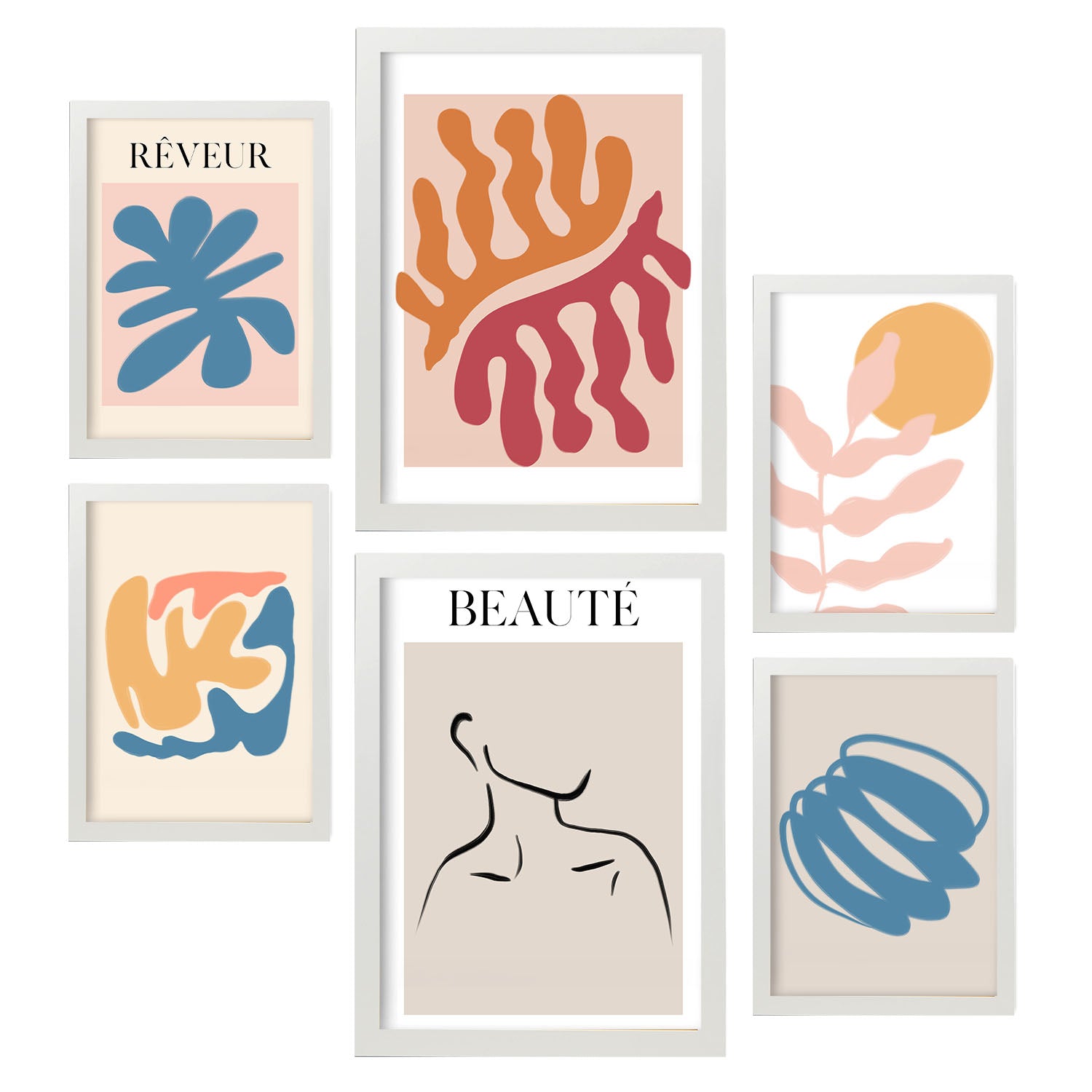 Set de 6 posters de Naranja y azul. Colección de láminas con estética collage para la Tamaños A3 y A4. .-Artwork-Nacnic-Marco Blanco-Nacnic Estudio SL