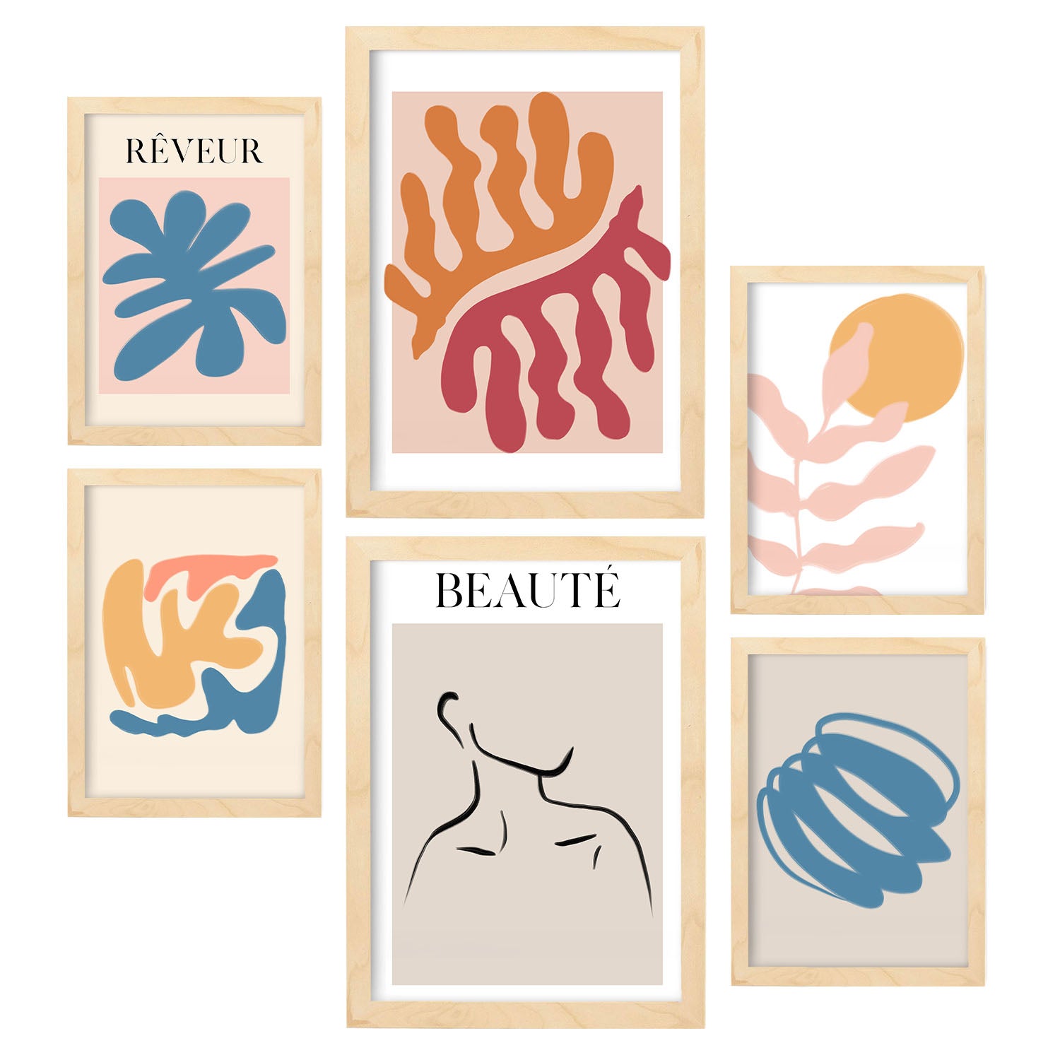 Set de 6 posters de Naranja y azul. Colección de láminas con estética collage para la Tamaños A3 y A4. .-Artwork-Nacnic-Marco Madera clara-Nacnic Estudio SL