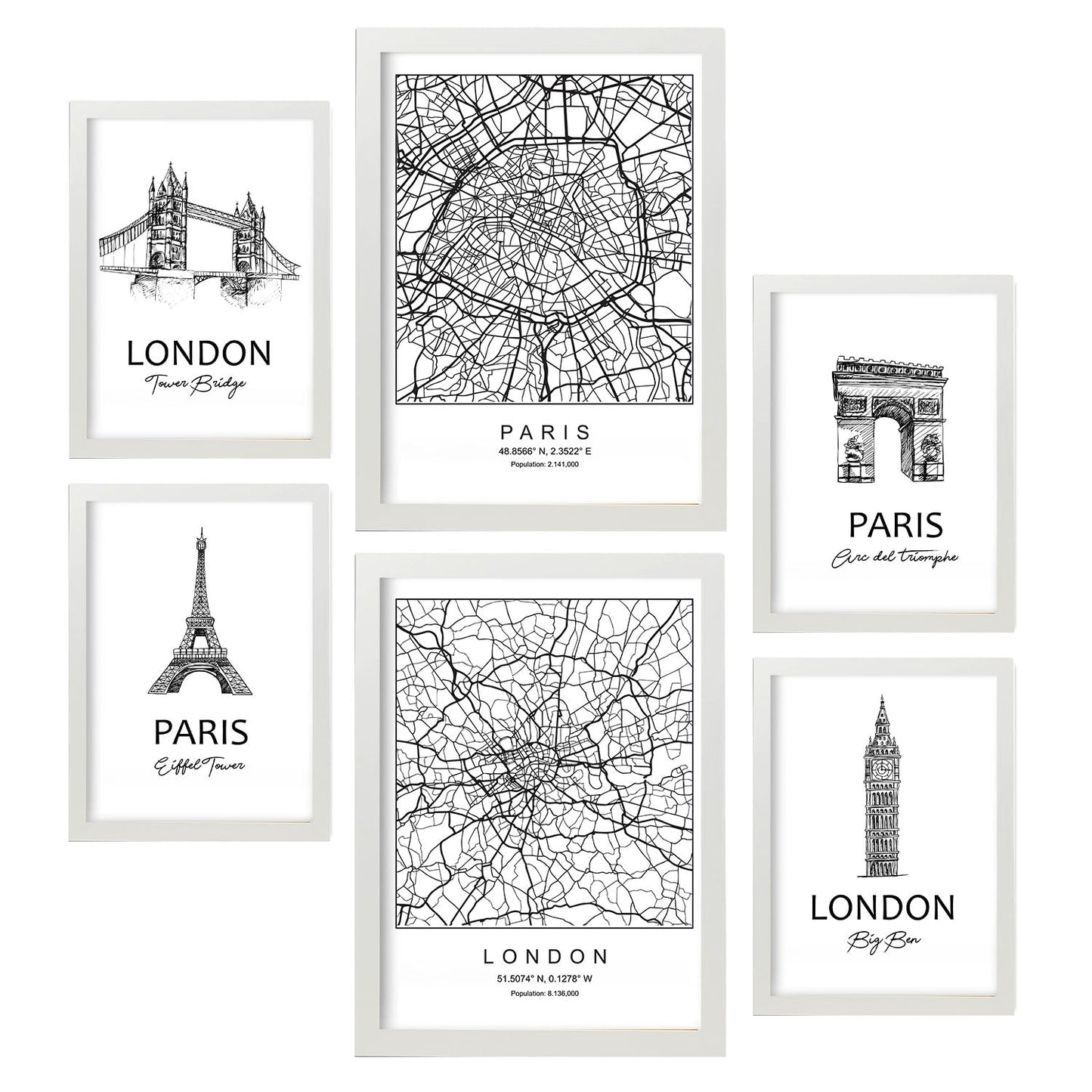 Set de 6 pósters de París y Londres. Colección de láminas con estética collage para la Tamaños A3 y A4. .-Artwork-Nacnic-Marco Blanco-Nacnic Estudio SL